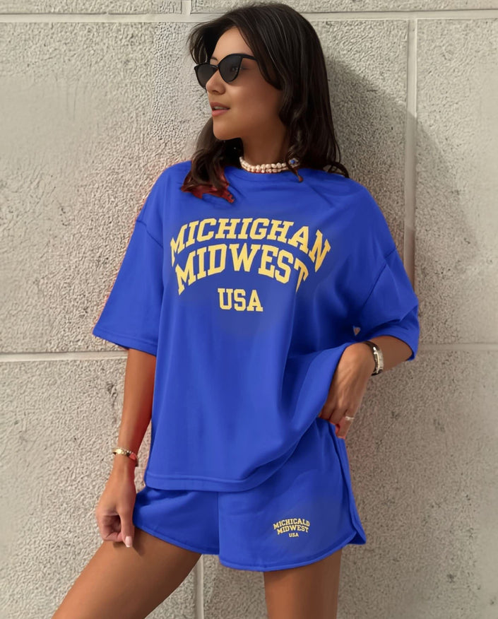 Blue oversized graphic tee with matching shorts set, short sleeves and elastic waistband