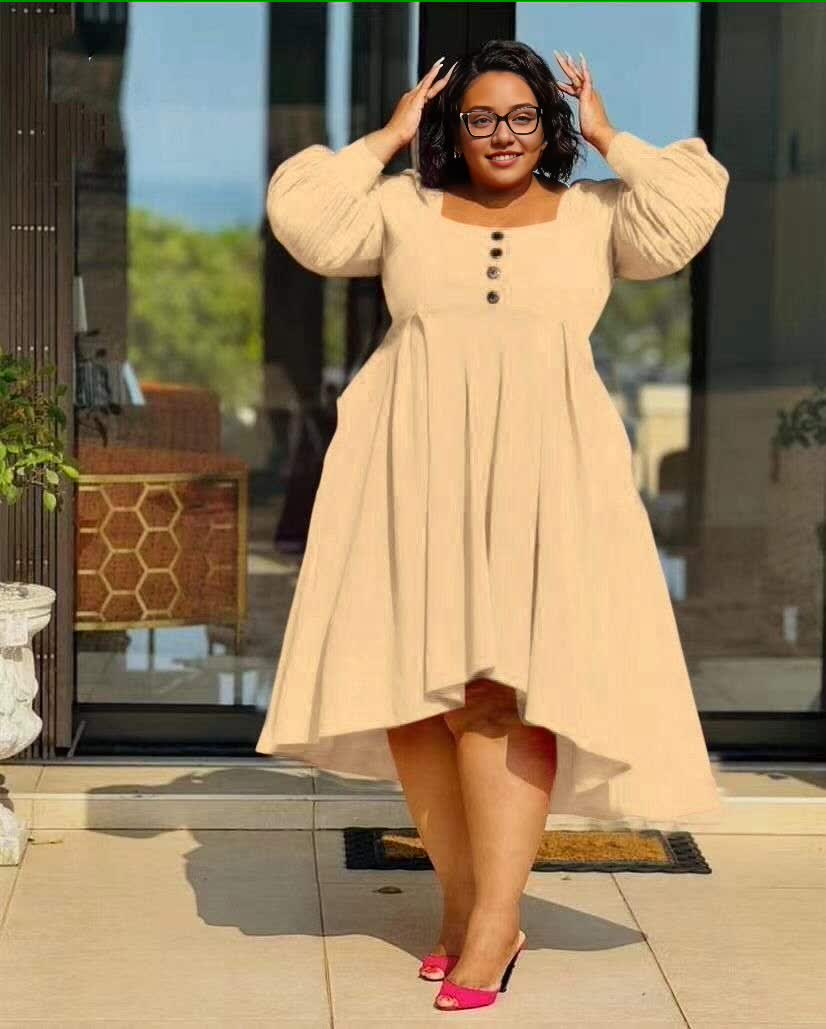 Nude beige puff sleeve high-low dress with button front and flared skirt