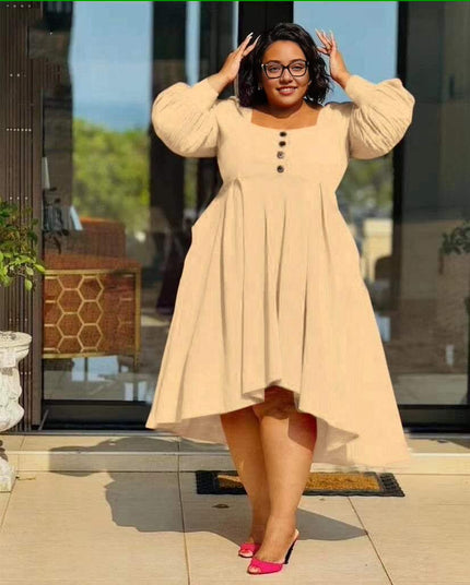 Nude beige puff sleeve high-low dress with button front and flared skirt