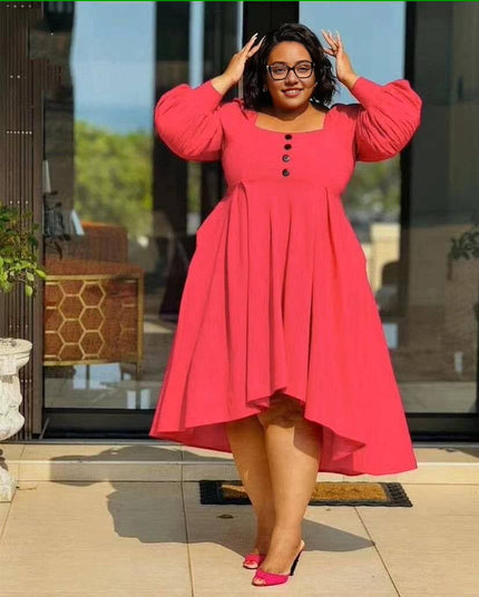 Hot-pink puff sleeve high-low dress with button front and flared skirt