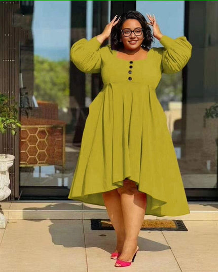 Yellow-green puff sleeve high-low dress, button front, flared skirt
