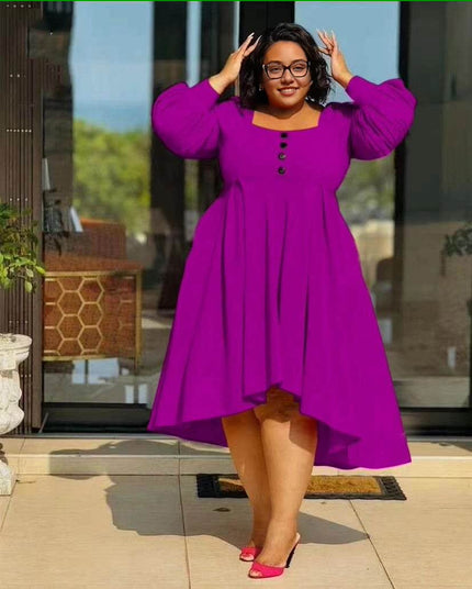 Purple puff sleeve high-low dress with button front and flared skirt