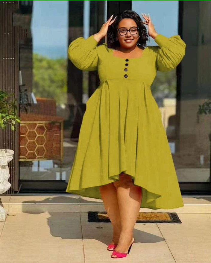 Yellow-green puff sleeve high-low dress, button front, flared skirt