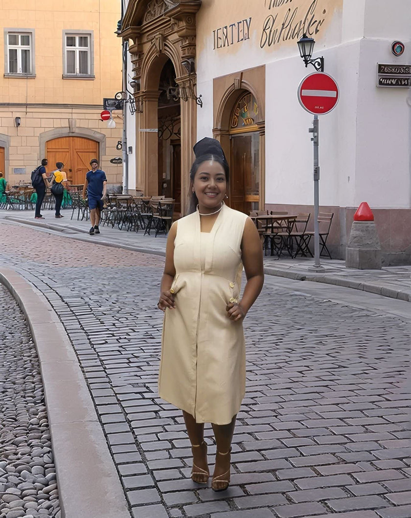 Sleeveless midi utility dress, beige with front seams and pockets