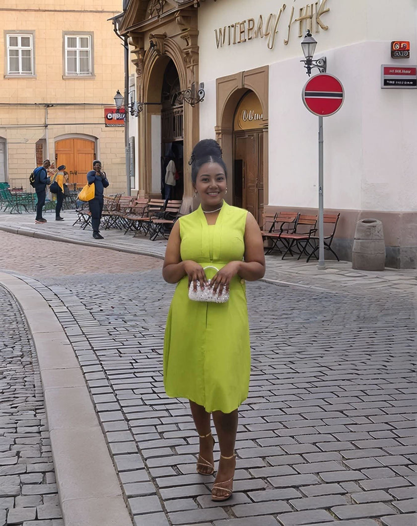 Sleeveless midi utility dress, lime green with front seams and pockets