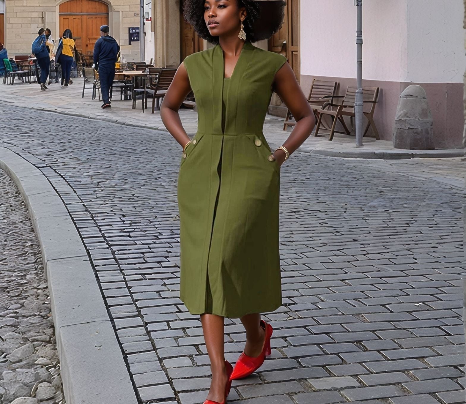 Sleeveless midi utility dress, olive green with front seams and pockets