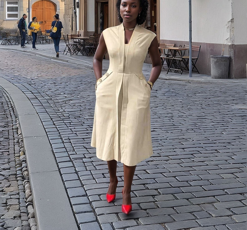Sleeveless midi utility dress, light cream with front seams and pockets