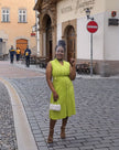 Sleeveless midi utility dress, lime green with front seams and pockets