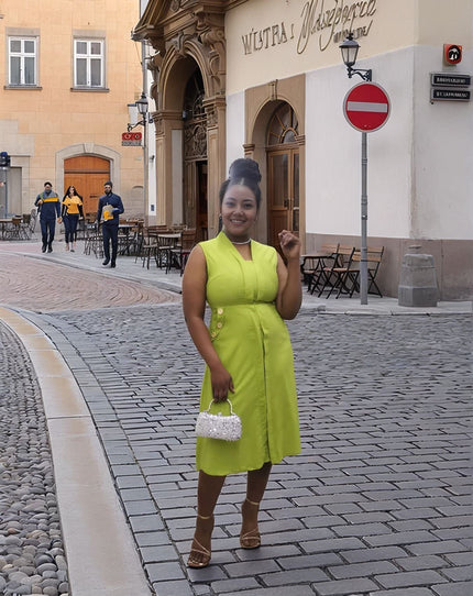 Sleeveless midi utility dress, lime green with front seams and pockets
