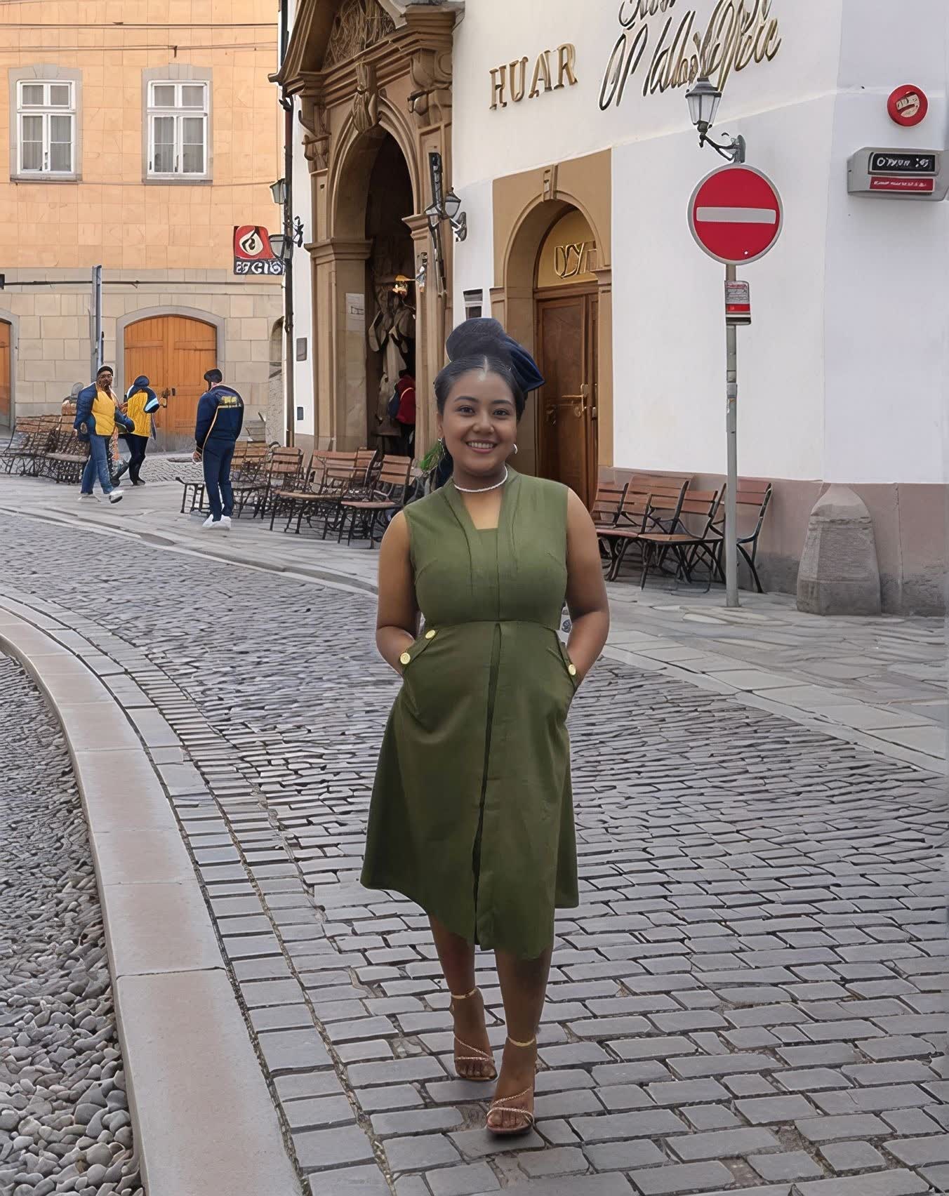 Sleeveless midi utility dress, olive green with front seams and pockets