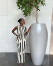 Knit maxi dress, sleeveless slim fit with vertical black-and-white stripes