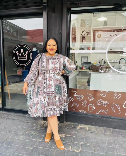 Printed midi dress with long sleeves and flared skirt, multicolor pattern