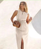 Beige sleeveless midi dress with front slit, elastic waist, high neckline
