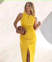 Yellow sleeveless midi dress with front slit, elastic waist, high neckline