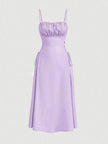 Ruched midi dress with spaghetti straps, square neckline, adjustable stretch waist, light purple.