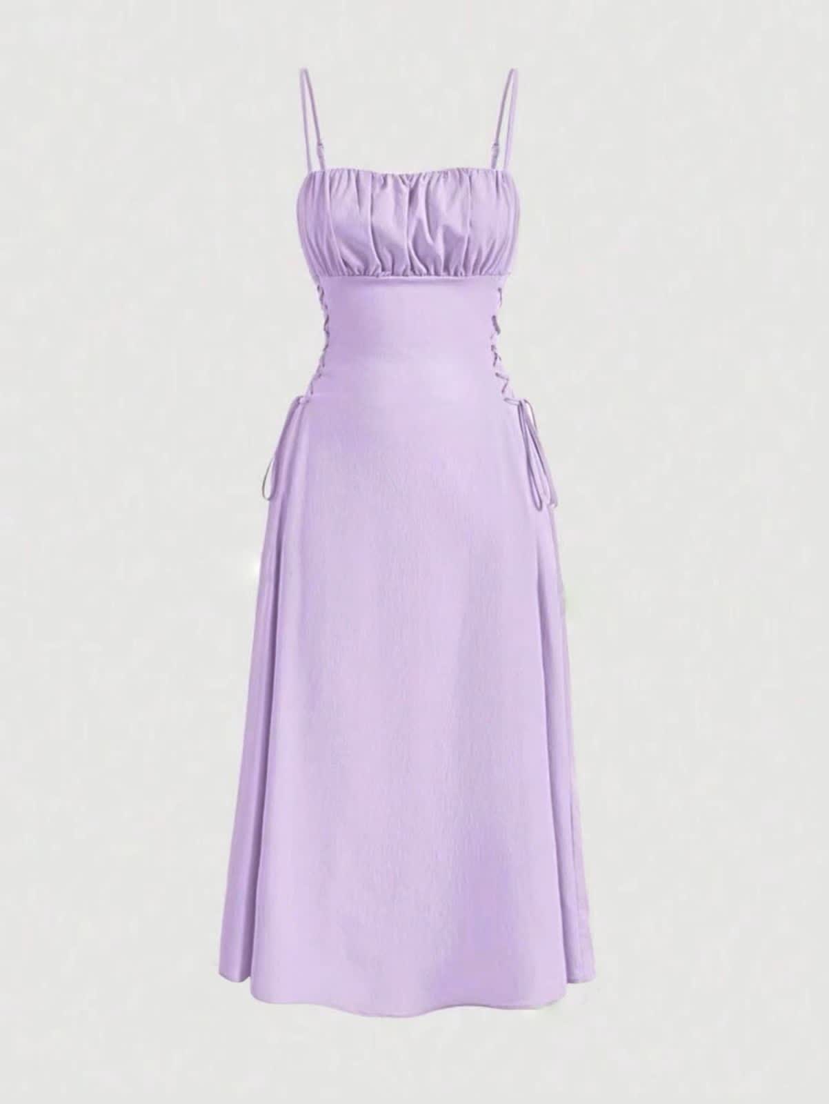 Ruched midi dress with spaghetti straps, square neckline, adjustable stretch waist, light purple.