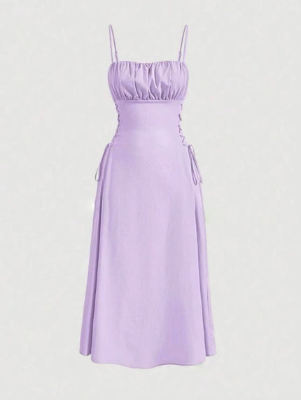 Ruched midi dress with spaghetti straps, square neckline, adjustable stretch waist, light purple.