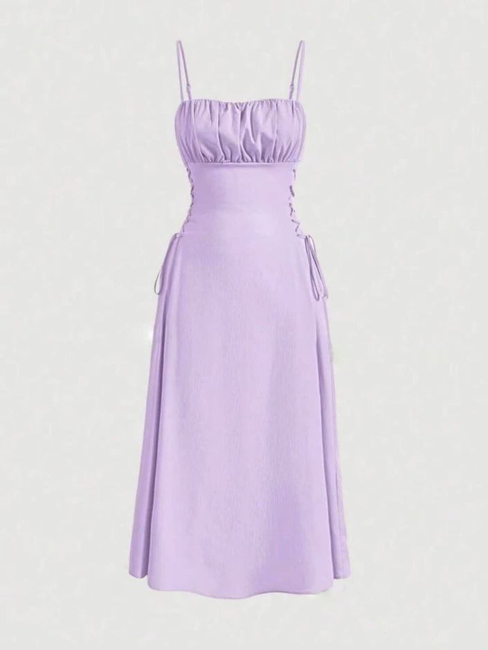Ruched midi dress with spaghetti straps, square neckline, adjustable stretch waist, light purple.