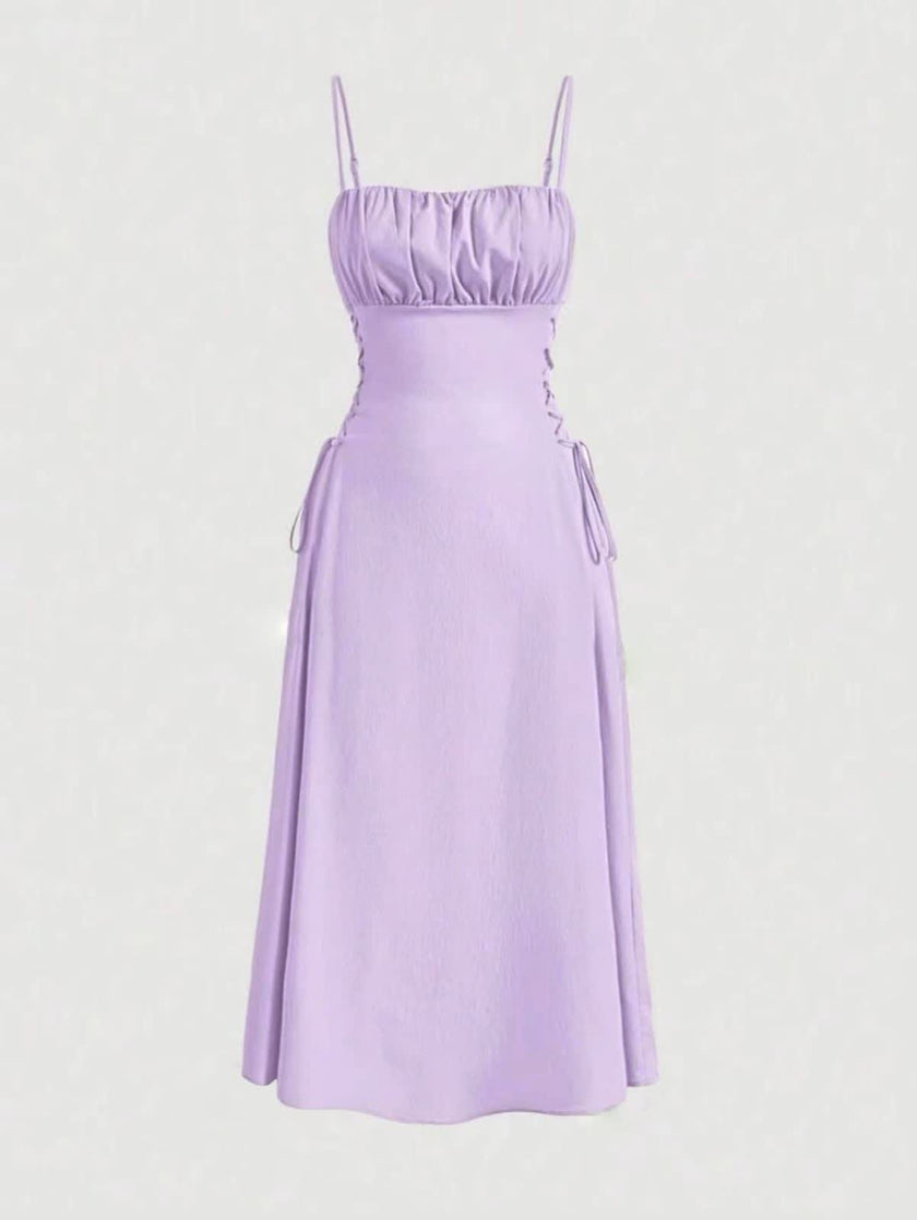 Ruched midi dress with spaghetti straps, square neckline, adjustable stretch waist, light purple.