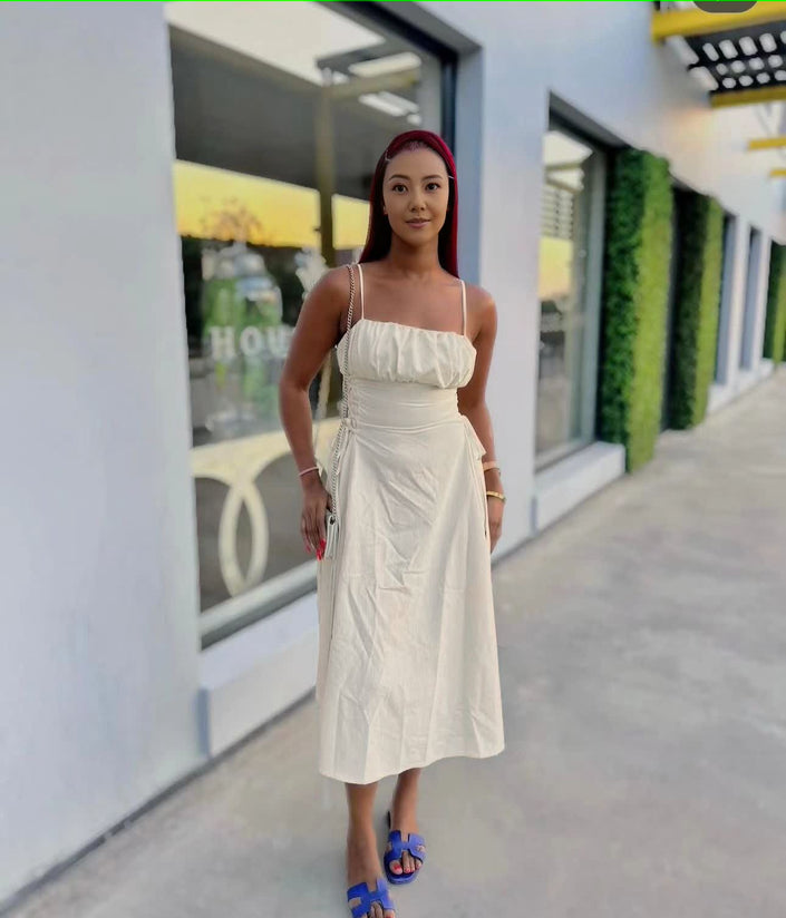 Ruched midi dress with spaghetti straps, square neckline, adjustable stretch waist, white.