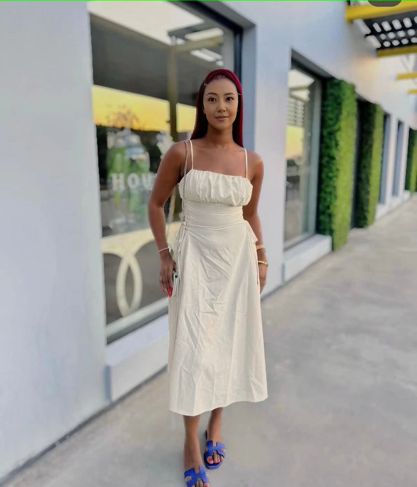 Ruched midi dress with spaghetti straps, square neckline, adjustable stretch waist, white.