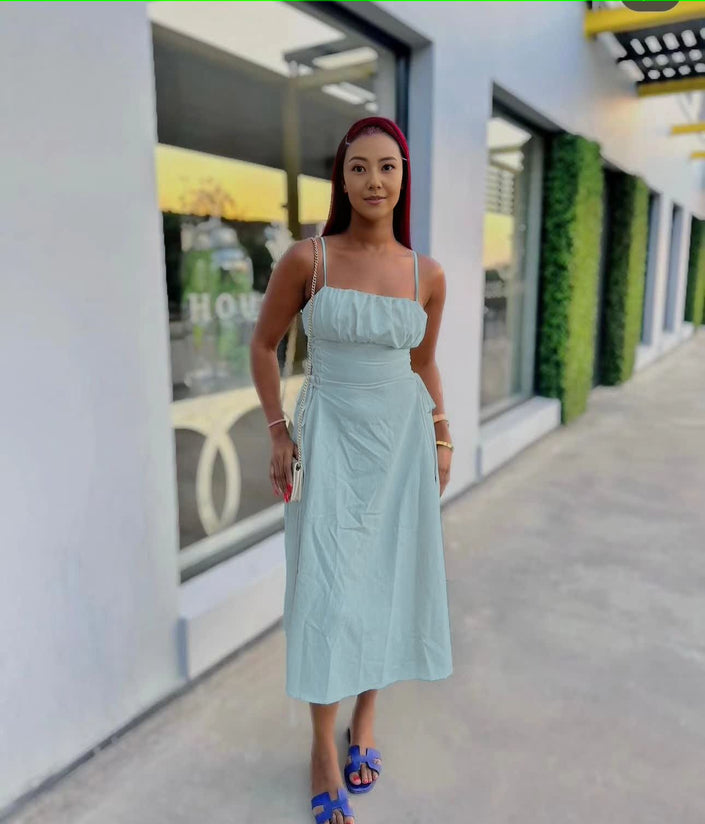 Ruched midi dress with spaghetti straps, square neckline, adjustable stretch waist, sky-blue.