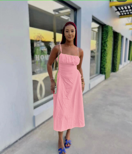 Ruched midi dress with spaghetti straps, square neckline, adjustable stretch waist, pink.