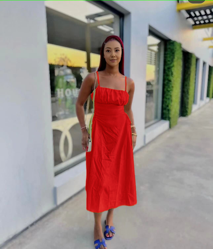 Ruched midi dress with spaghetti straps, square neckline, adjustable stretch waist, red.