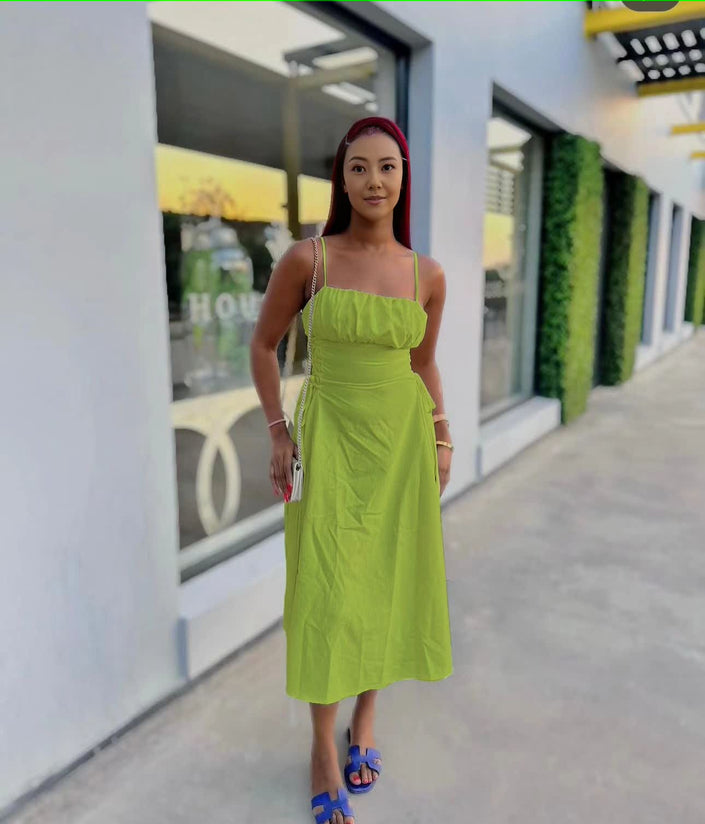 Ruched midi dress with spaghetti straps, square neckline, adjustable stretch waist, green.