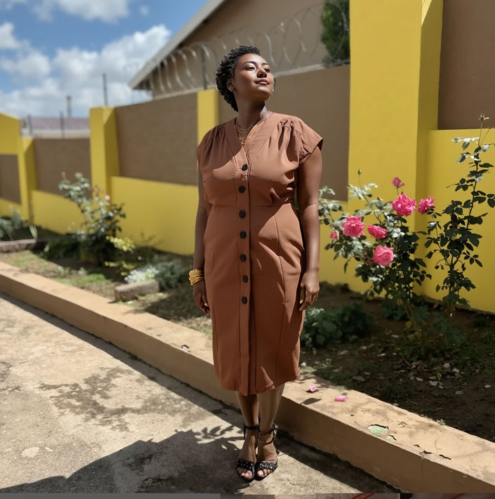 Rust brown V-neck button midi dress with short sleeves and front buttons