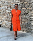 Orange V-neck button midi dress with short sleeves and front button placket