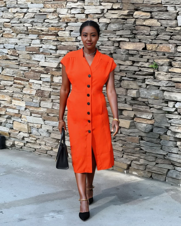 Orange V-neck button midi dress with short sleeves and front button placket