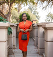 Bright orange V-neck button midi dress with short sleeves and front buttons