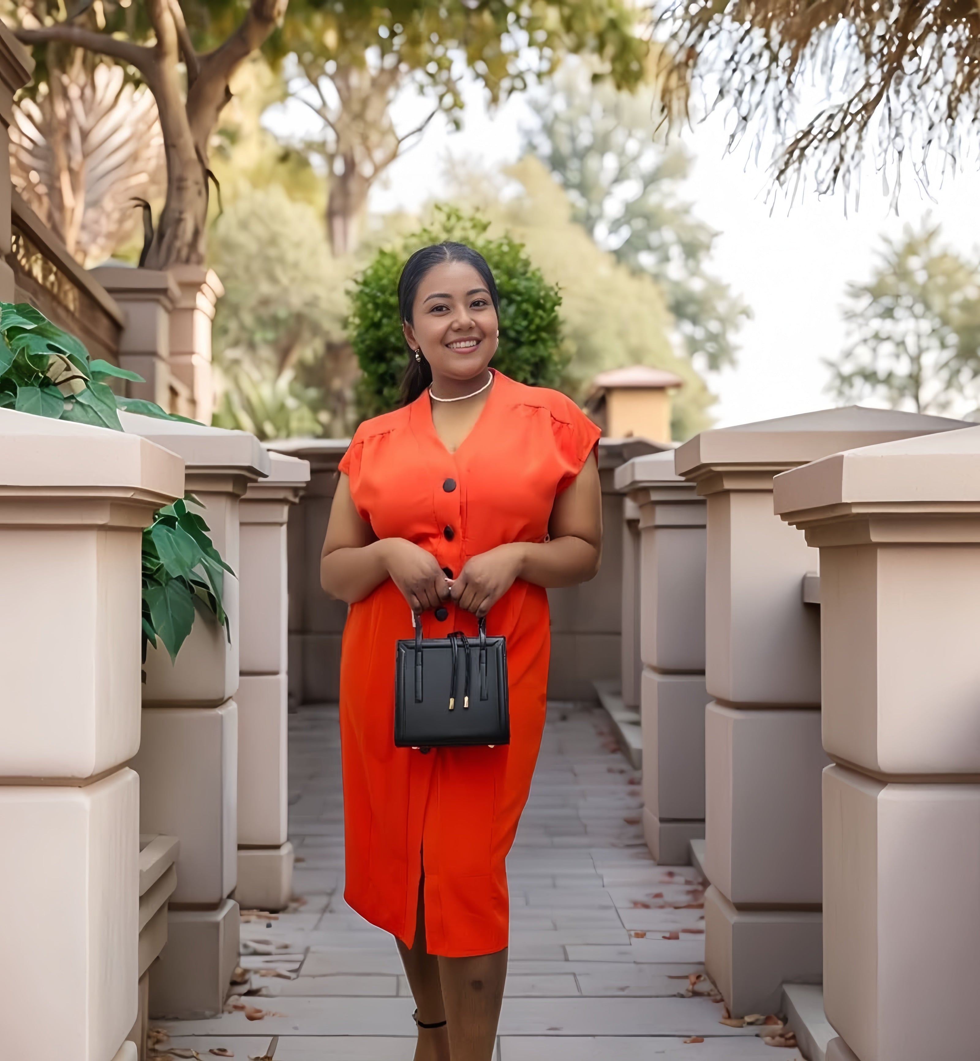 Bright orange V-neck button midi dress with short sleeves and front buttons