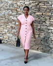 Light pink V-neck button midi dress with short sleeves and front buttons
