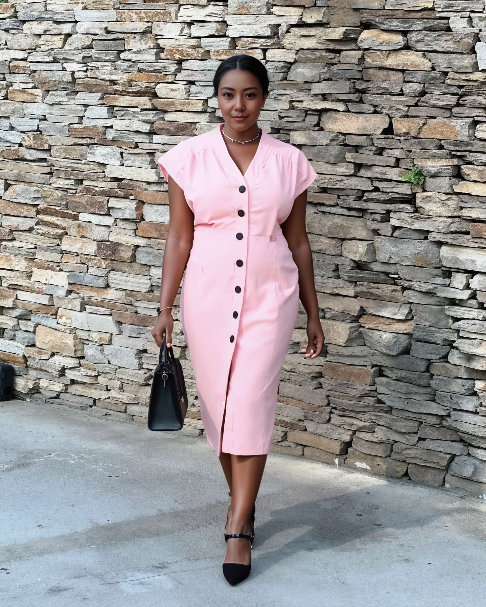 Light pink V-neck button midi dress with short sleeves and front buttons
