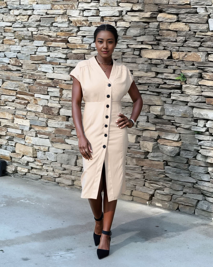 Cream V-neck button midi dress with short sleeves and front button placket