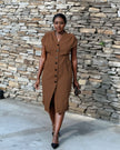 Coffee brown V-neck button midi dress with short sleeves and button front