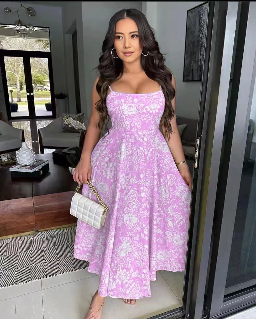 Purple floral midi dress with sweetheart neckline, spaghetti straps, gathered skirt
