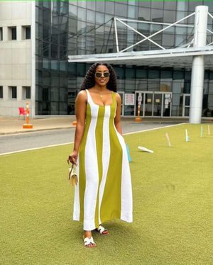 Sleeveless Panelled Maxi Dress with Vertical Contrast Stripes and Flowing Silhouette