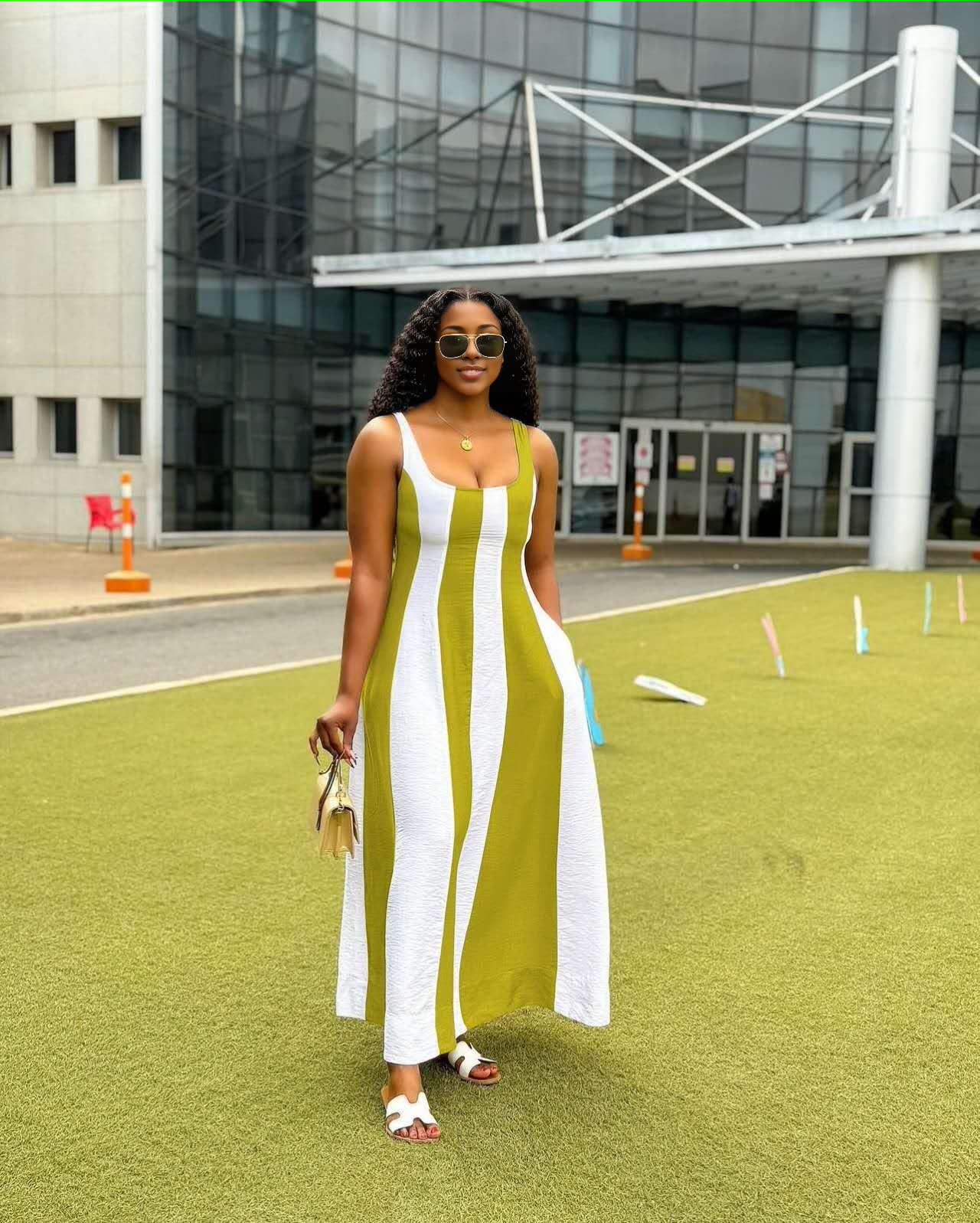 Sleeveless Panelled Maxi Dress with Vertical Contrast Stripes and Flowing Silhouette
