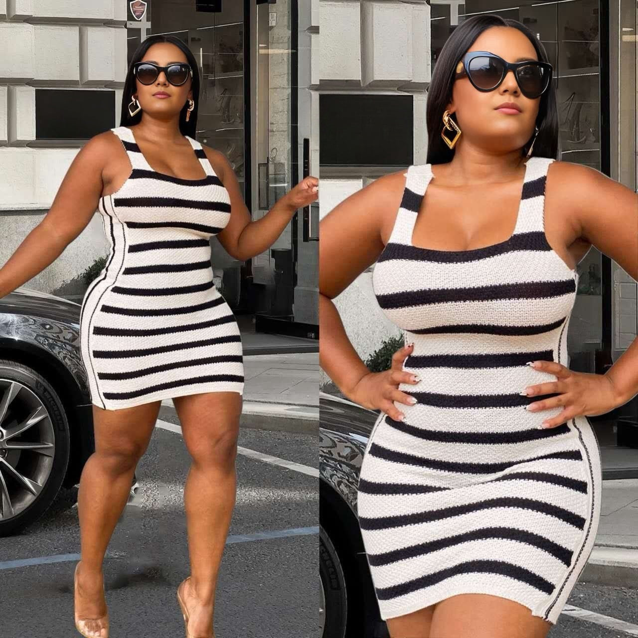 Sleeveless striped knit bodycon dress with scoop neckline, black and white horizontal stripes.