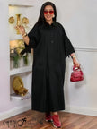 Black maxi shirt dress with collar and half placket, three-quarter sleeves, loose straight fit