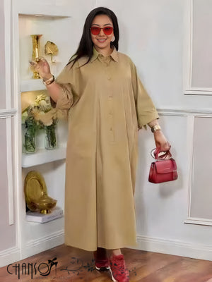 Maxi Shirt Dress Collared Half Placket Three Quarter Sleeve Loose Straight Fit For Daily Social Occasions