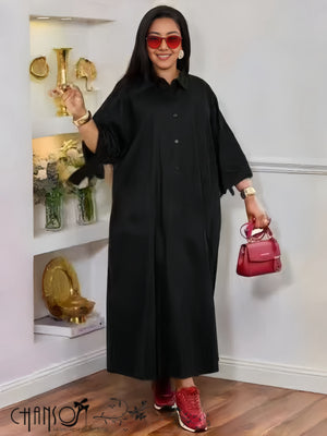 Maxi Shirt Dress Collared Half Placket Three Quarter Sleeve Loose Straight Fit For Daily Social Occasions