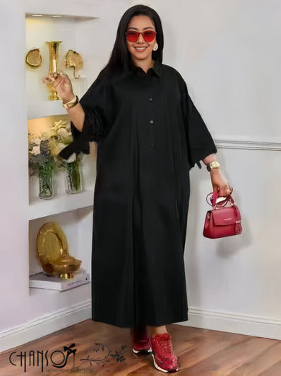 Maxi Shirt Dress Collared Half Placket Three Quarter Sleeve Loose Straight Fit For Daily Social Occasions