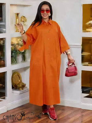 Maxi Shirt Dress Collared Half Placket Three Quarter Sleeve Loose Straight Fit For Daily Social Occasions