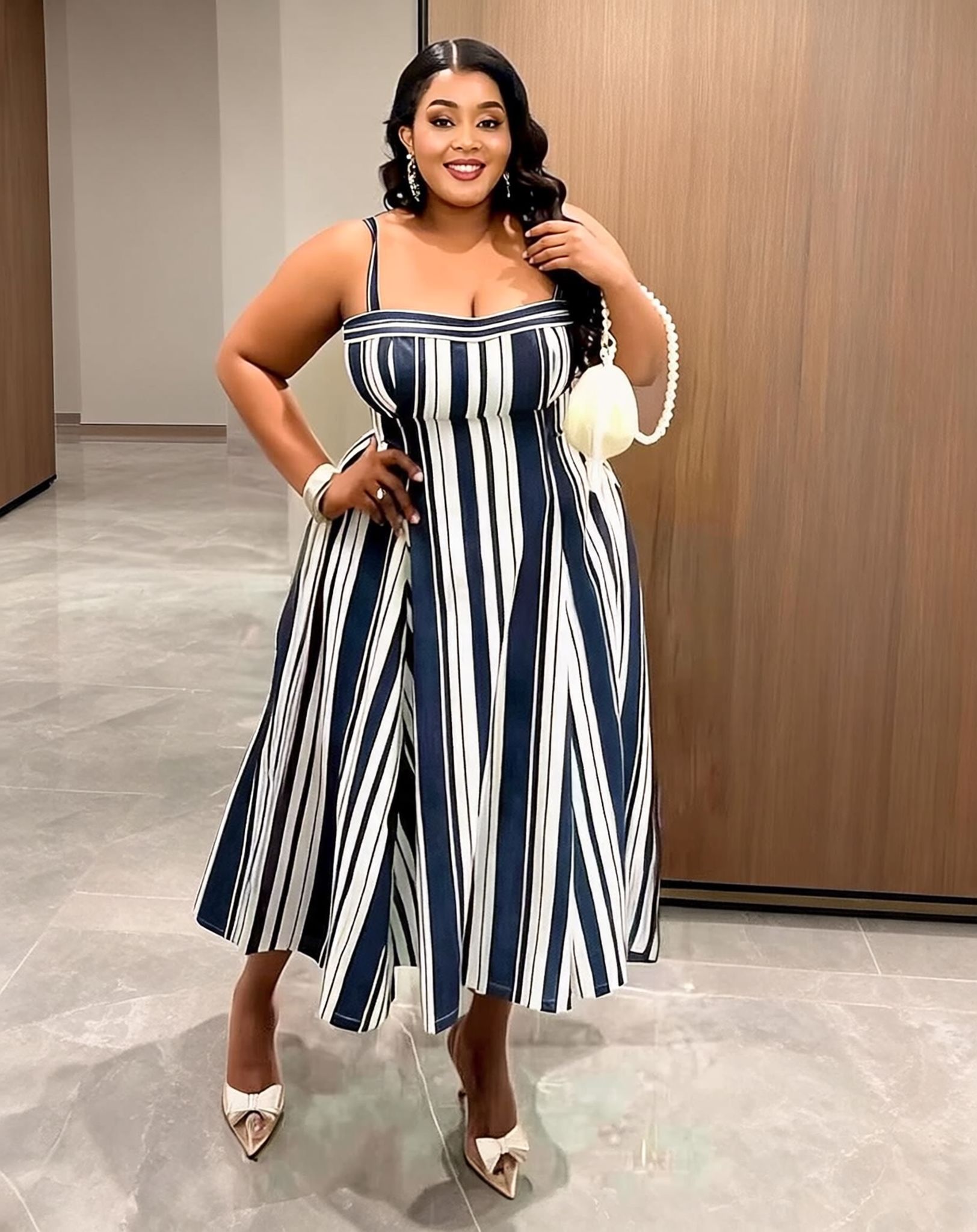 Navy and white vertical striped spaghetti strap midi dress for women