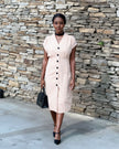 Light beige V-neck button midi dress with short sleeves and front buttons