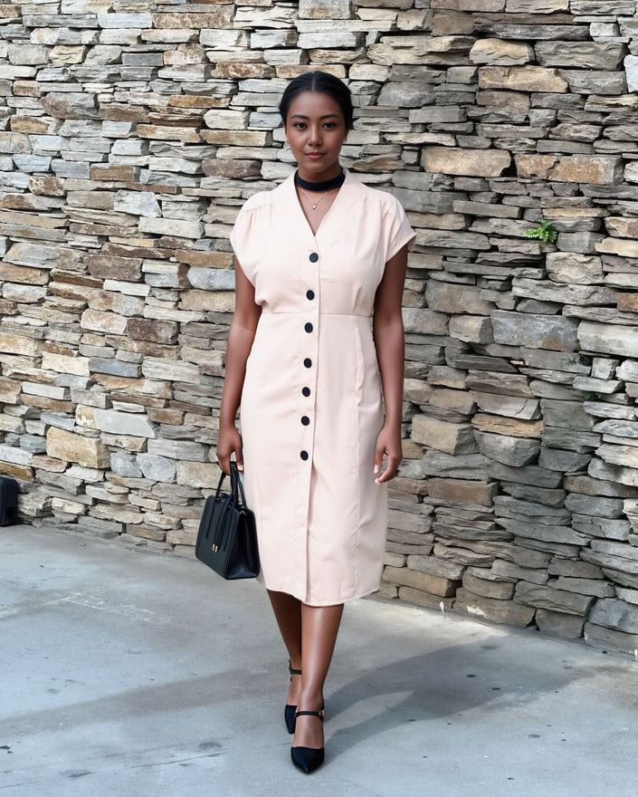 Light beige V-neck button midi dress with short sleeves and front buttons